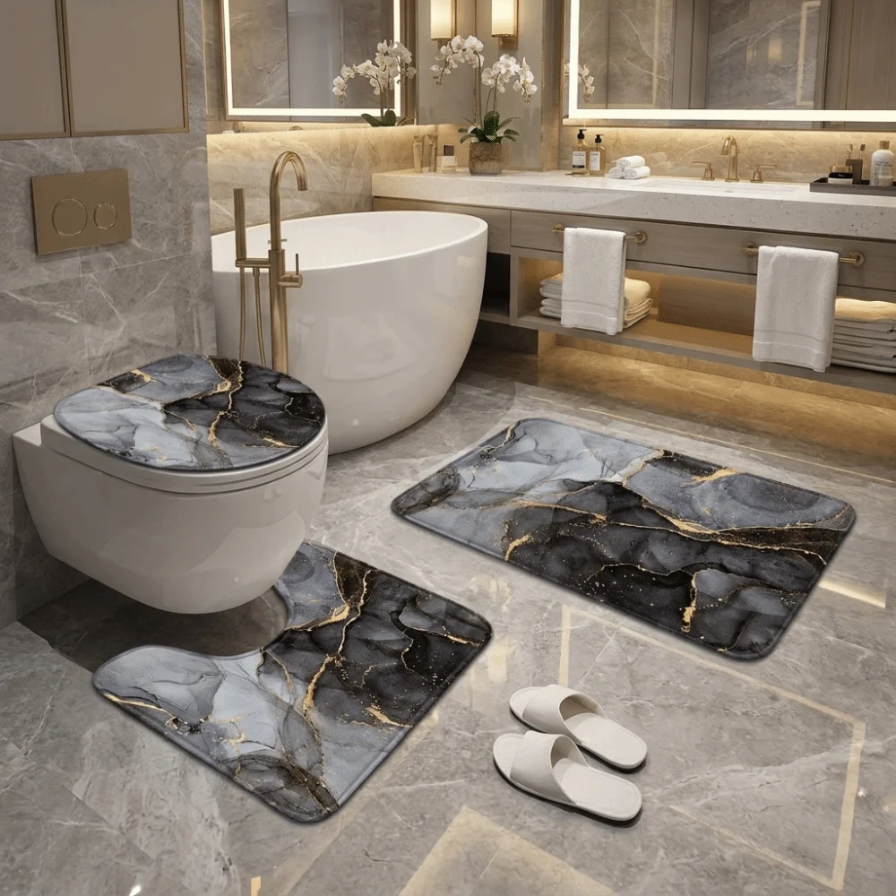 3PCS/SET Nordic-style Marble Pattern Bath Mat Set Soft Quick-Dry Bathroom Mat Wear Resistant Thick Non-Slip Rug Indoor Use