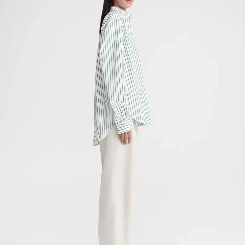 Striped Shirt for Women, Yang Mi\'s Same Striped Embroidered Shirt, Nordic Commuting Style, Early Spring of 2024