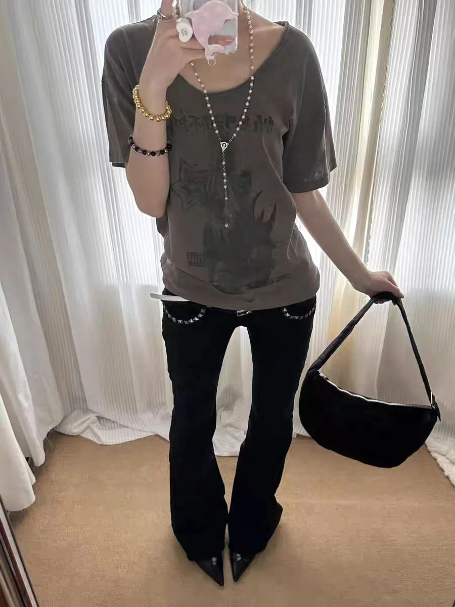 Jean évasé Vintage noir taille basse pour femmes, pantalon en Denim américain rétro Rivet Slim des années 90, bas de cloche Y2k Harajuku Kpop