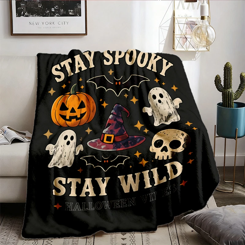 Vintage Halloween Flannel Blanket, Stay Spooky Wild Graphic, Mineral Washed Flannel Throw