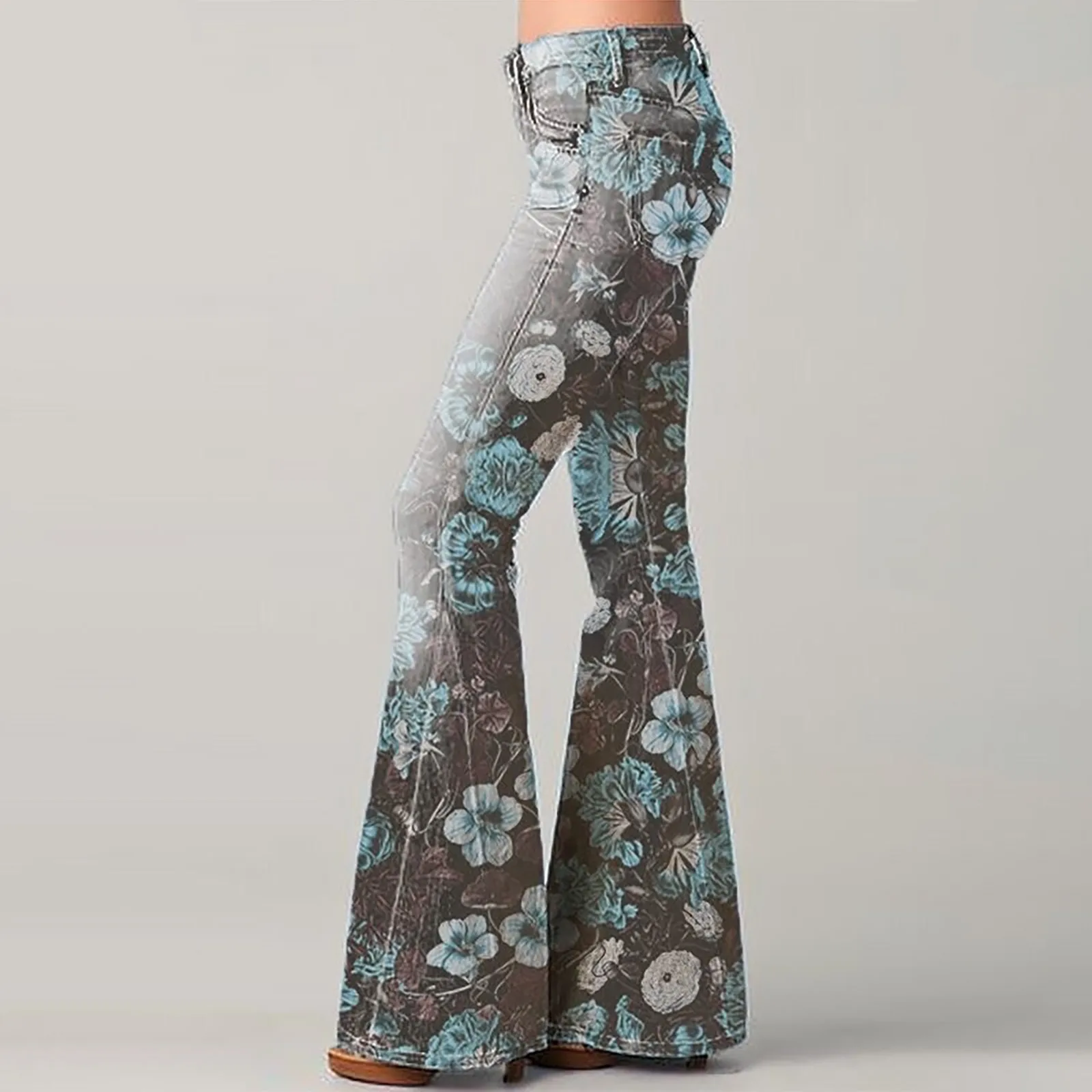 Women Y2K Jeans Vintage Floral Print Straight Wide Leg High Waisted Denim Pants Sexy Slim Fashion Flared Trousers Streetwear