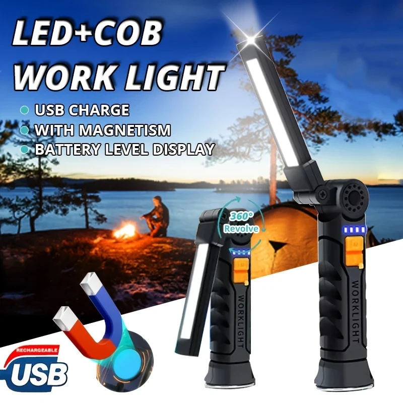 Folding COB XPE LED Work Light Flashlight Rechargeable Torch with Magnetic Base with Hook for Outdoor Camping Repair Emergency