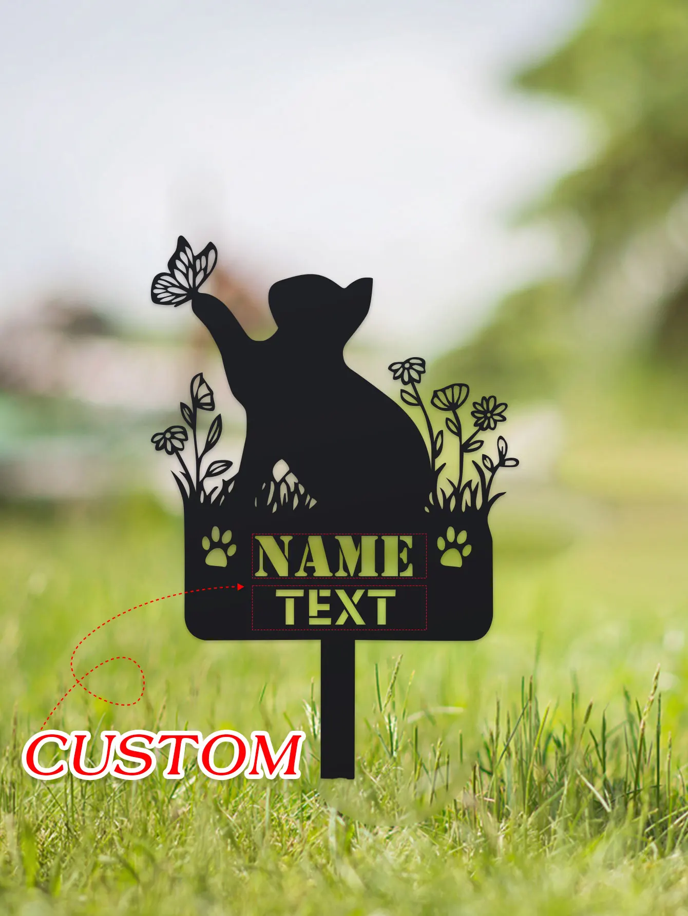 Estaca conmemorativa de gato personalizada, estaca personalizada con nombre de gato, gato de primavera de metal con marcador de tumba de mariposa y flores, regalo para la pérdida de gato, C