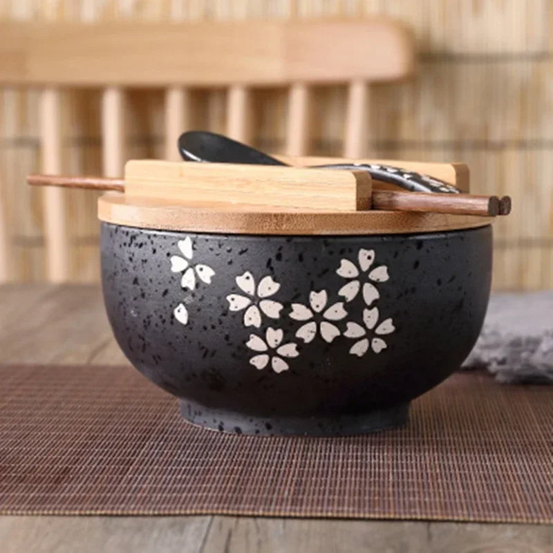 Japanese Tableware Instant Noodles Bowl Dining Room Ceramic Salad Bowl Bring Wooden Spoon Chopstick