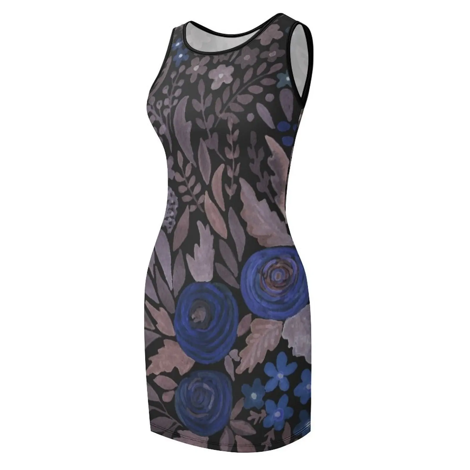 Niebieskie kwiaty. Akwarela. Czarne tło. Sukienki letnie bez rękawów dla kobiet