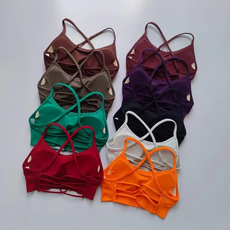 Schöner Yoga-Sport-BH mit offenem Rücken, dünnen Trägern und Kreuzriemen am Rücken, hochelastischer, atmungsaktiver BH, stoßdämpfend, ideal zum Laufen, für Pilates und Training. – Detail 2