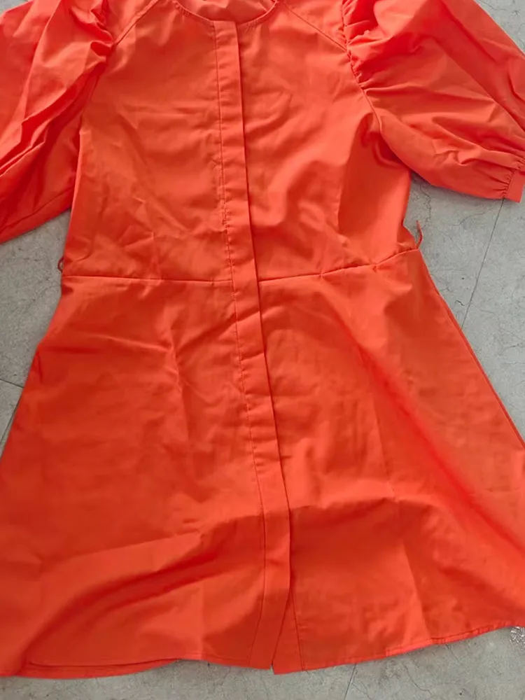 Female Casual Loose Mini Dress Solid Orange O-Neck Puff Sleeve With Bow Belt Dress 2024 Summer Trendy Mujer Vestidos