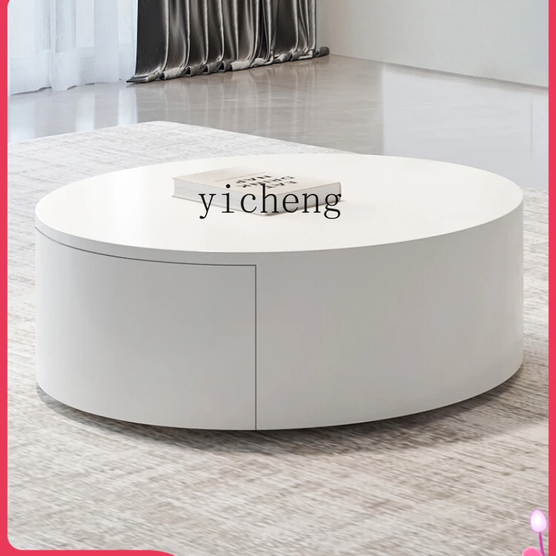 

ZK White Small Apartment Home Living Room Coffee Table Minimalist round Double Drawer Solid Wood