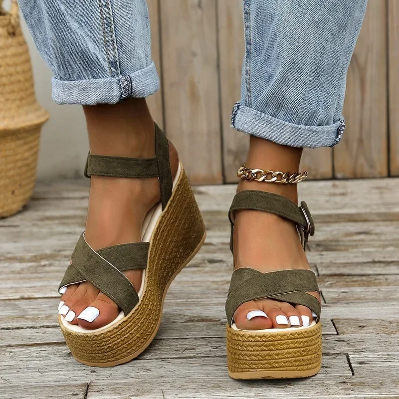 Fashion Wedge Sandals for Women Summer 2024 New Casual Non-slip Peep Toe Platform Shoes Rubber Sole Buckle Elegant Heels Women