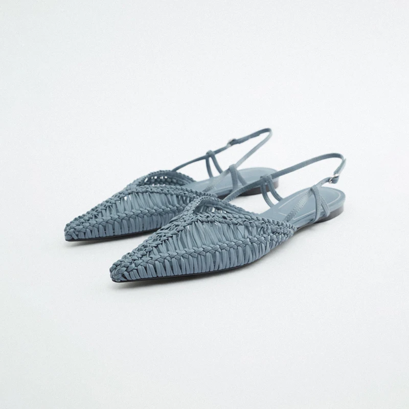 2024 Autumn Women Shoes Slingbacks Flats Shoes Buckle Pointed Toe Female Woven Roman Sandals Chaussures Femme Blue Lady Shoe