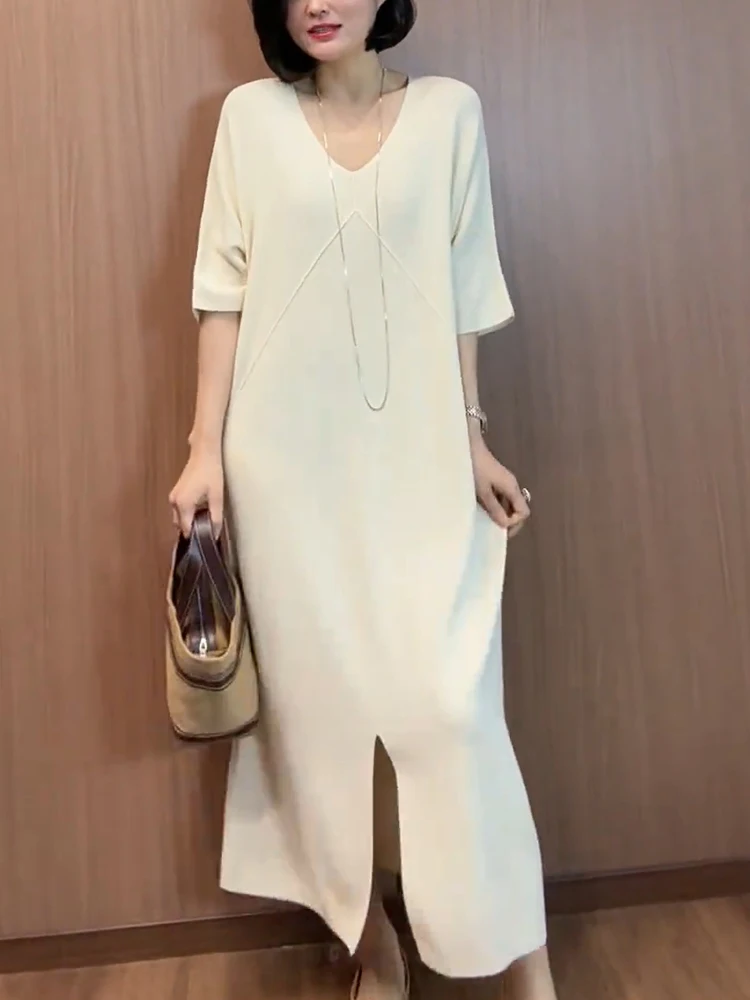 

Ele Casual Summer Split Long Dr plus Size Women's Loose Fit Korean Sle ape Pear ape Rectangle ape