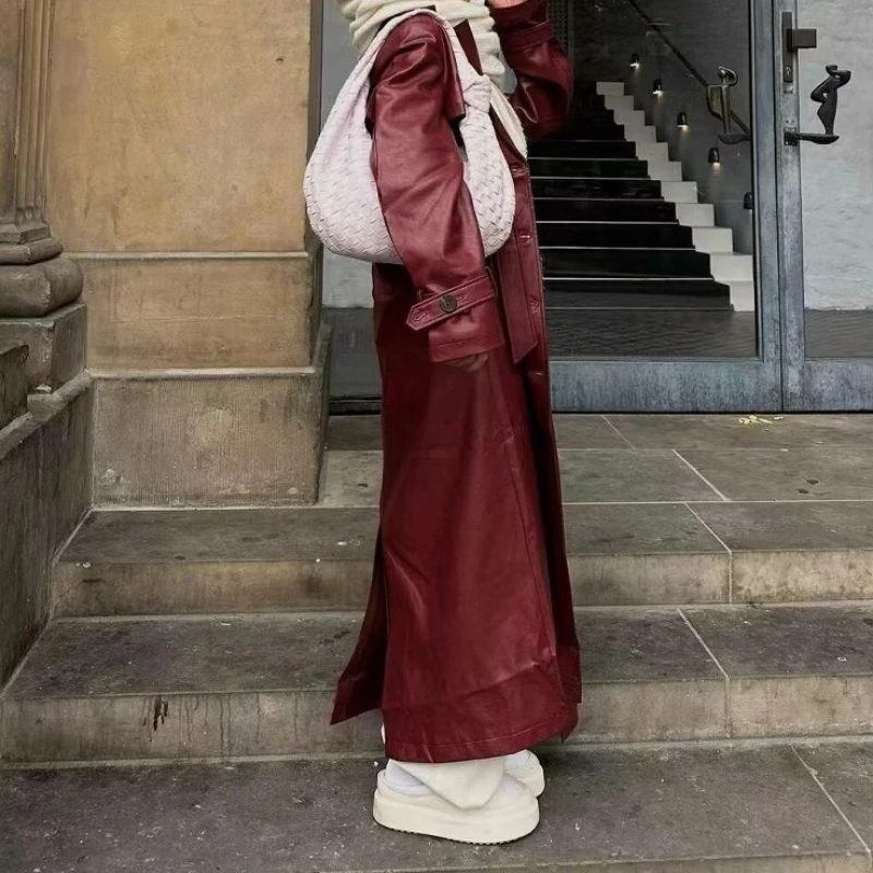 معاطف نسائية من الجلد الصناعي سترات متوسطة الطول بحزام متين وياقة مقلوبة وأكمام طويلة واحدة الصدر غير رسمية لخريف وشتاء 2025 #2