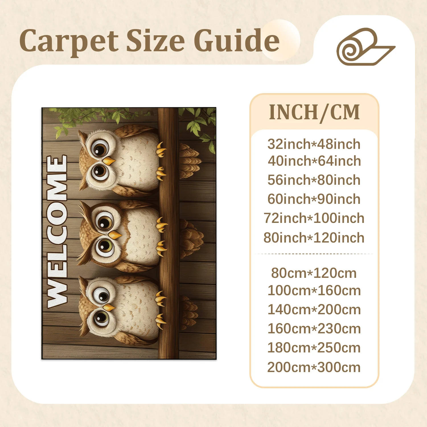 Large Indoor Area Rug, Soft Velvet Low Pile with Non-slip Dotted Backing, Machine Washable, Cute Owls Welcome Pattern for Living Room Entryway Bedroom Home Decor