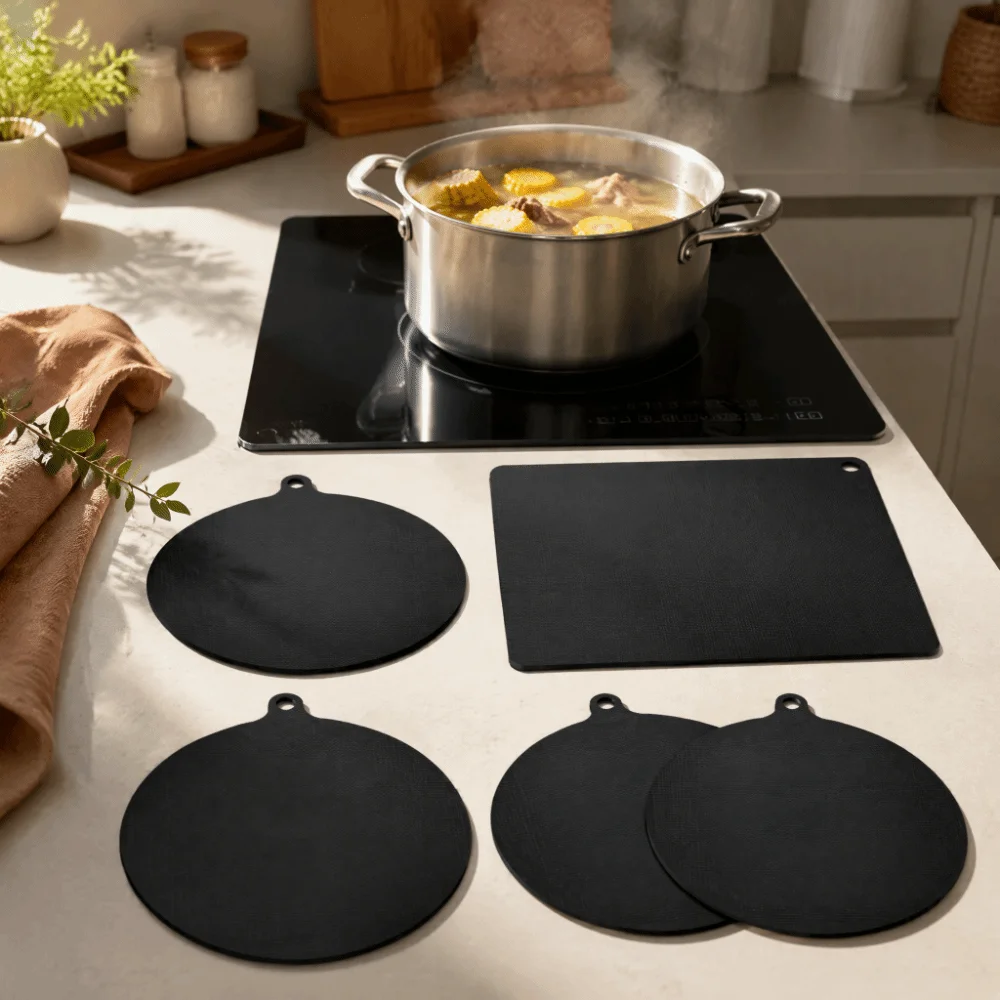 5PCS Round Silicone Induction Cooker Mat Compatible Durable Heat Insulated Pad Black Scratch Proof Pad Stove Top Protection