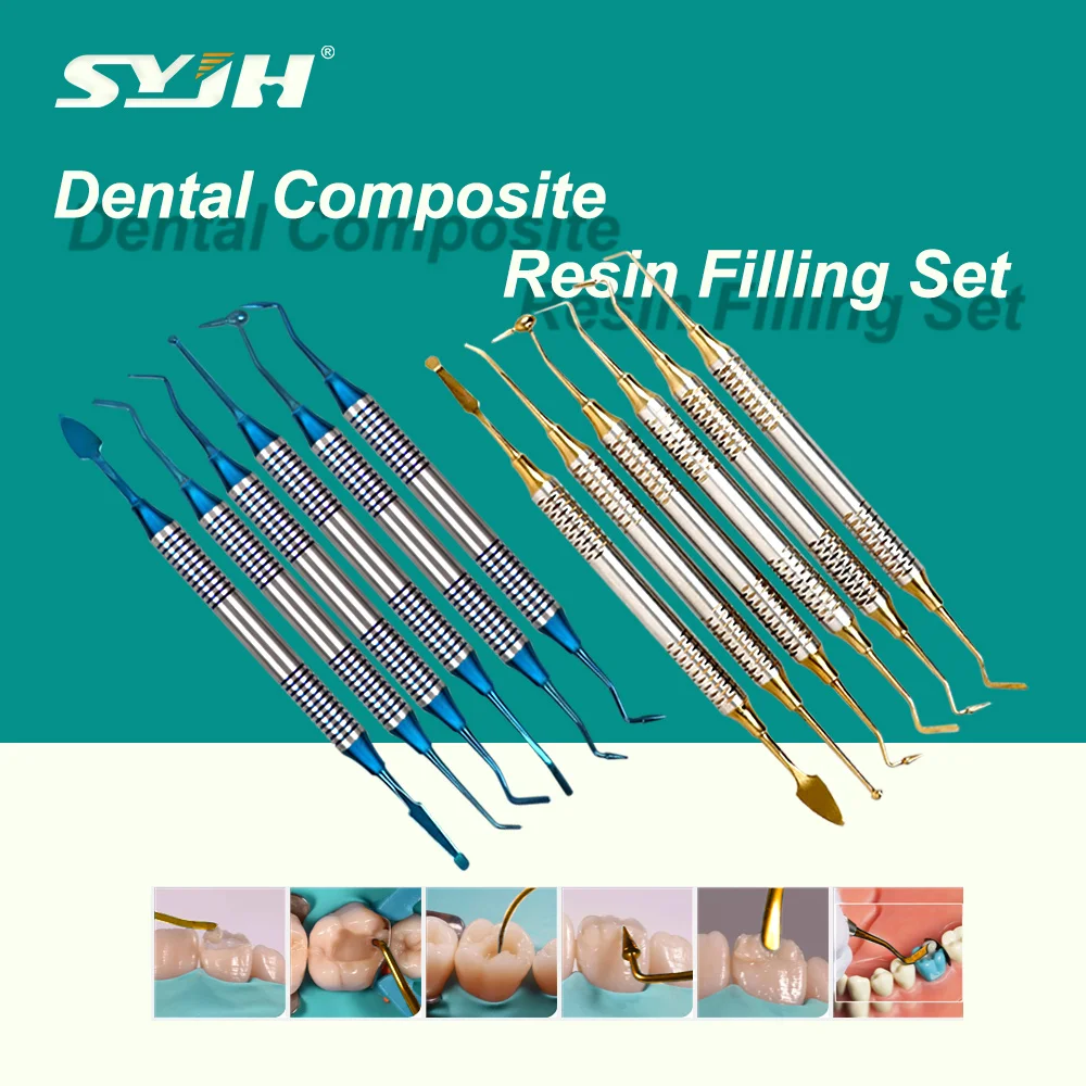 

6Pcs Dental Composite Resin Filling Set Spatula Thick Handle Titanium Plated Head Tool Resin Filling Aesthetic Restoration Kit