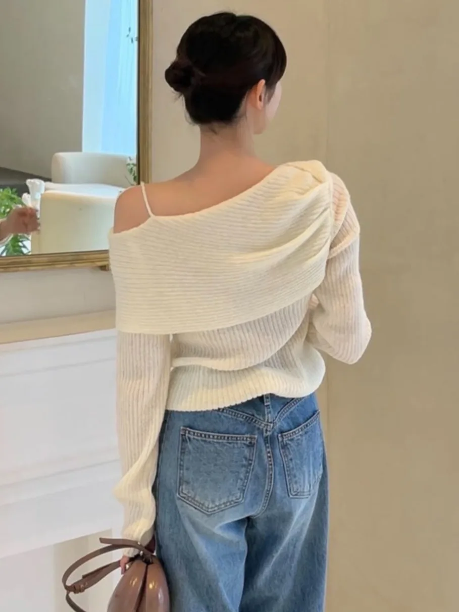 Faionable Chic oulder-baring Knitwear Women's Long Sve Top with Belt Design Spring Autumn Seasonal Ele Sle
