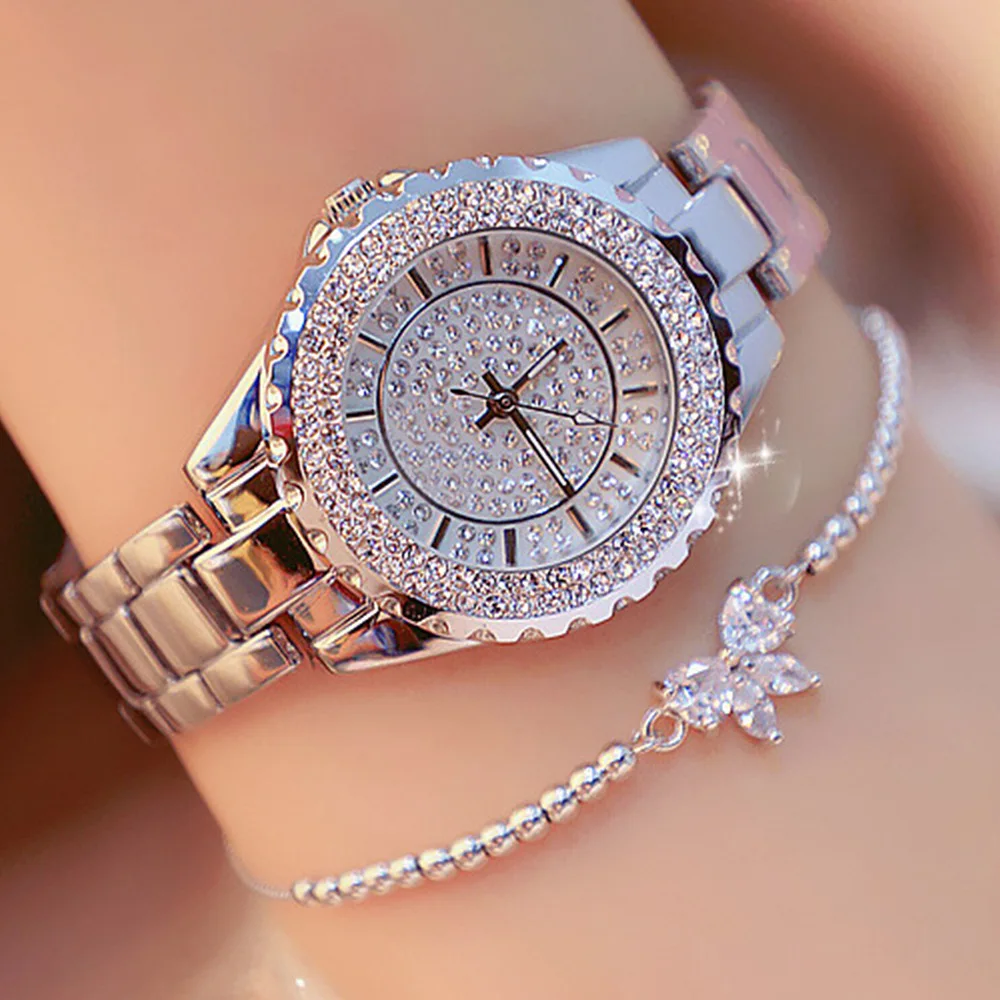 Reloj de mujer con temperamento, esfera superbrillante con juego de reloj de cuarzo con incrustaciones de diamantes + arco con incrustaciones de diamantes versátiles con cuentas b