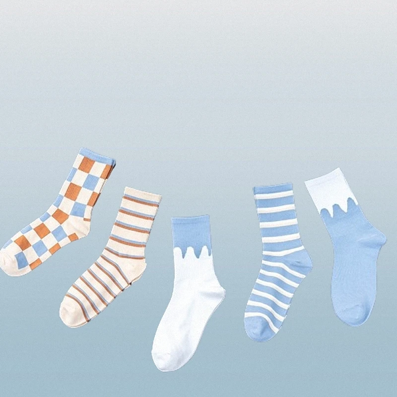 5/10 Pairs Blue Plaid Socks Women Autumn And Winter Mid-tube Socks Cream Striped Cotton Socks British Style Socks