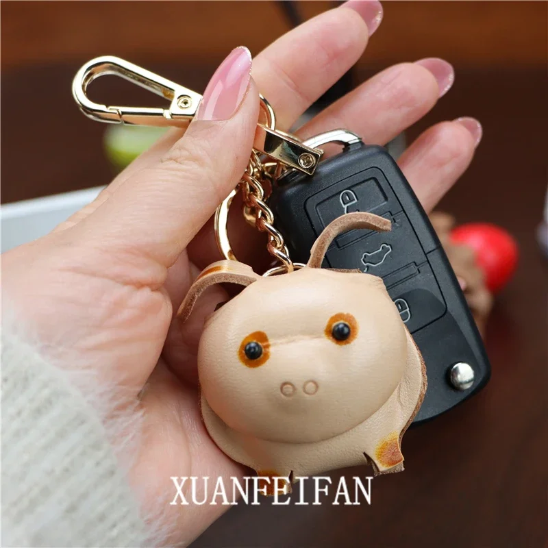 Head Layer Cowhide Piglet Pendant Car Keychain Leather Rope Bag Charm Accessories Zodiac Gift