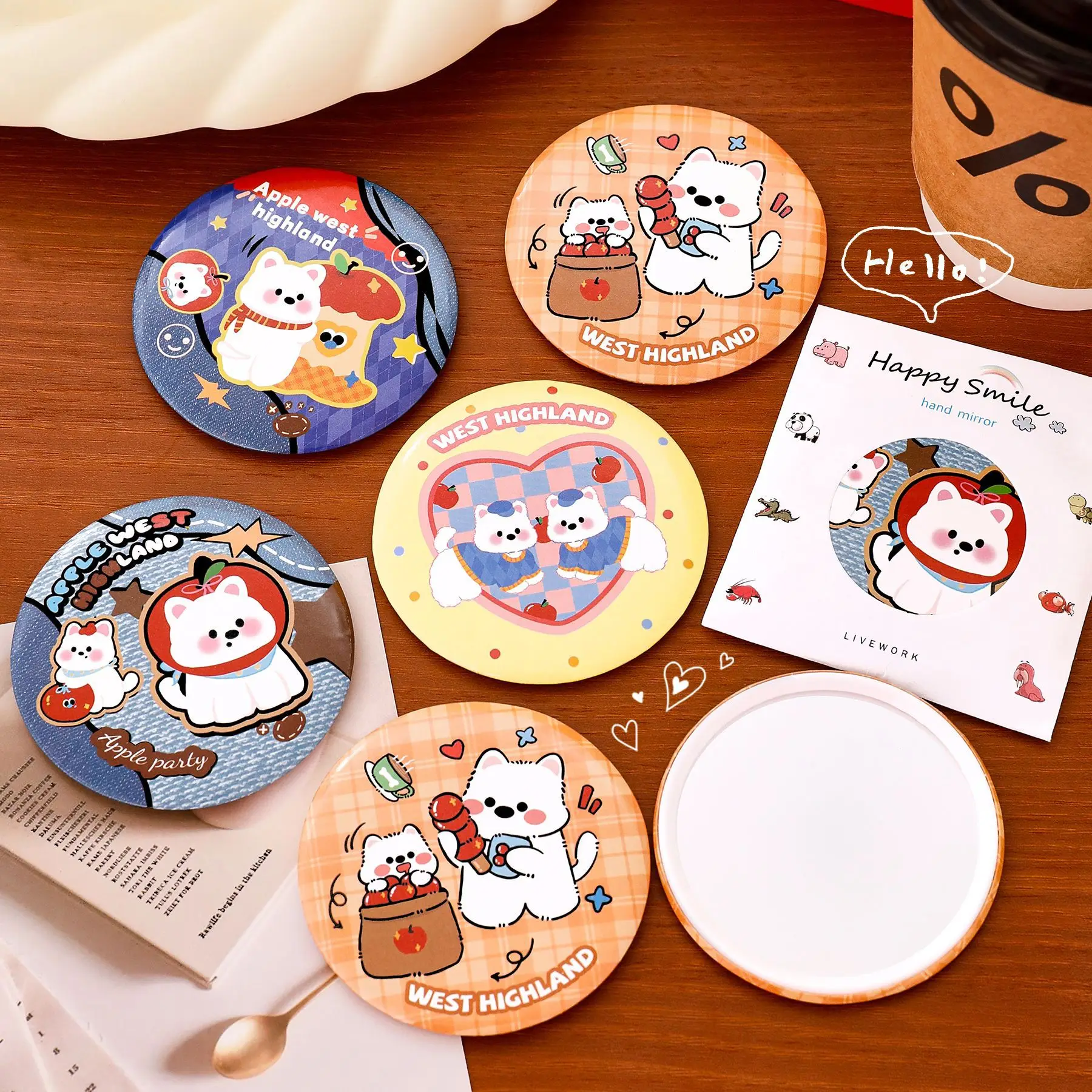 20 Pcs  Cartoon Cute White Dog Portable Mini Makeup Animal Pocket Round Metal Mirror, Sweet For Women ,Girl,Wholesale ,Nice Gift