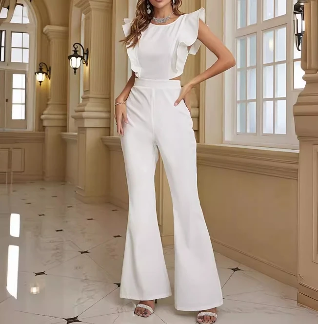 New Fashion Women\'s White Ruffled Jumpsuit Temperament Commuting Female Clothes Summer Women Thin Elegant High Waist Jumpsuits