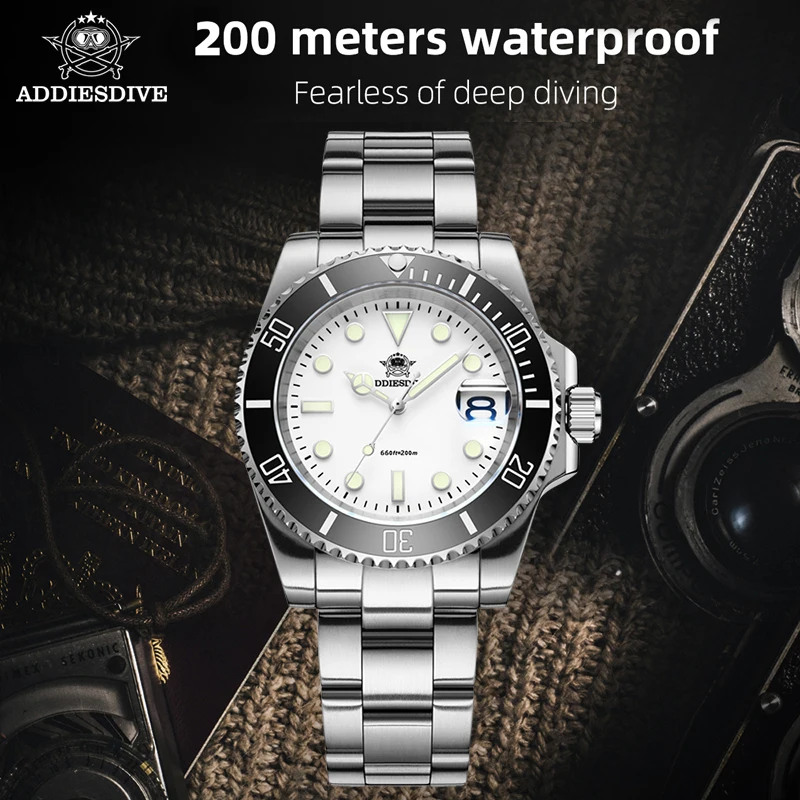 Addiesdive ساعة كوارتز رجالية 41 مللي متر الفولاذ المقاوم للصدأ السيراميك الحافة مضيئة التقويم 20Bar مقاوم للماء ساعة عادية الساعات الفاخرة