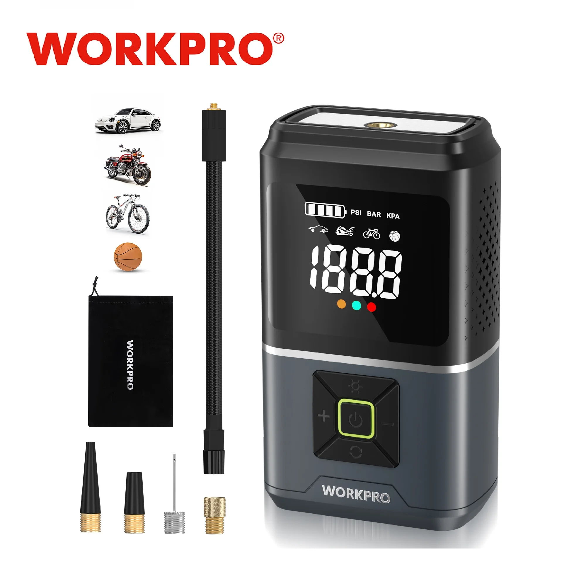 WORKPRO 7.2V Tire Inflator 150PSI Portable Air Compressor for Motorcycle Bicycle Boat AUTO Tyre Balls with LCD Digital Display