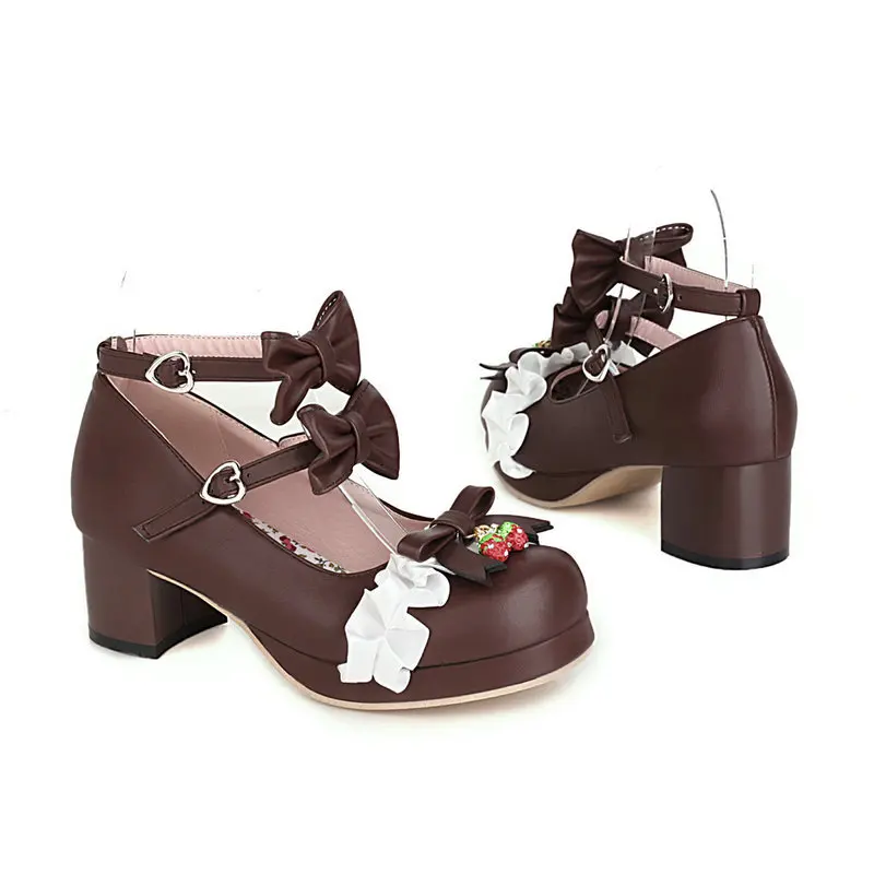 Women Lolita Shoes Girls Kawaii Mary Jane Platform Pumps Strawberry Bow Block High Heels Princess Japanese Cosplay Wedding Party