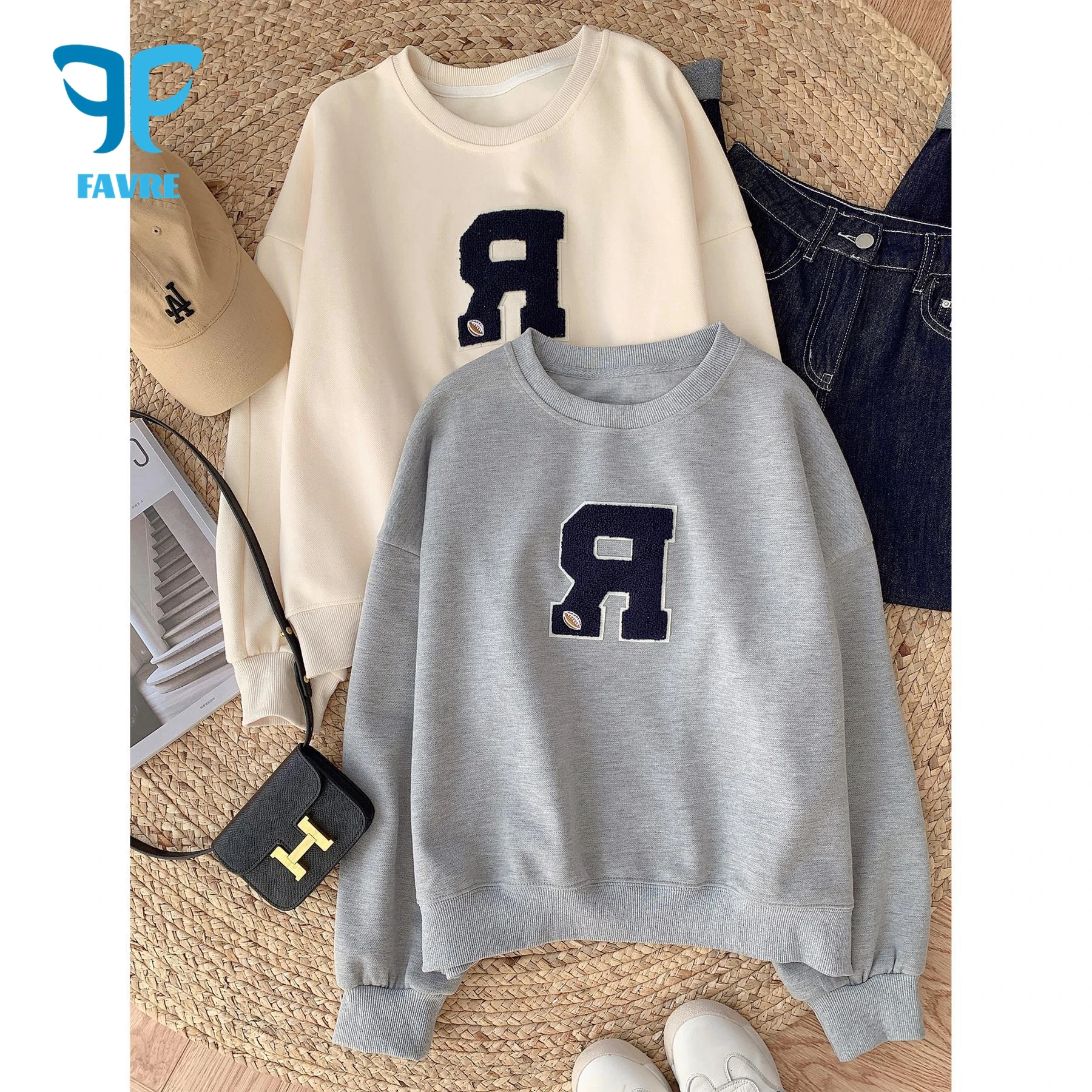 FAVRE Womens R Letter Terry Sweatshirts Crewneck Ins Hoodies Trend Fashion Slim Streetwear Casual Loose High Street Y2K Pullover