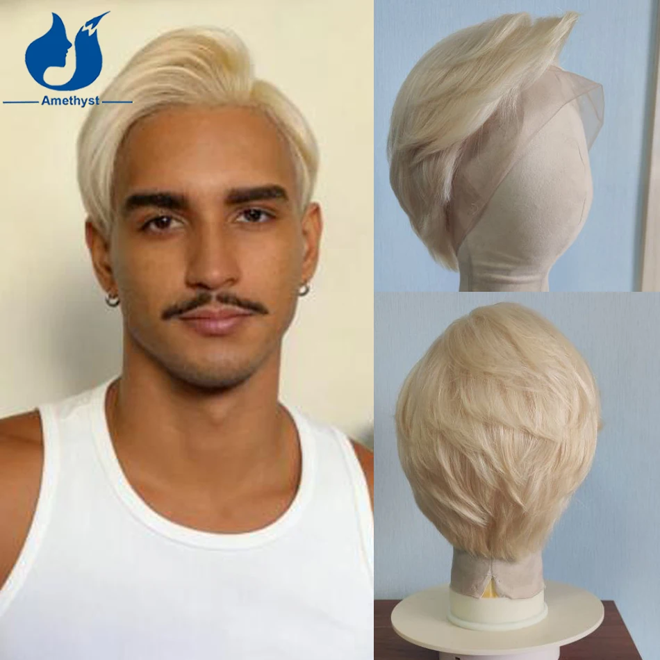 

Amethyst Side Bang White Blonde Full Lace Human Hair Wig Brazilian Remy 60# Platinum Short Cut Wave Male Hairpiece for Men