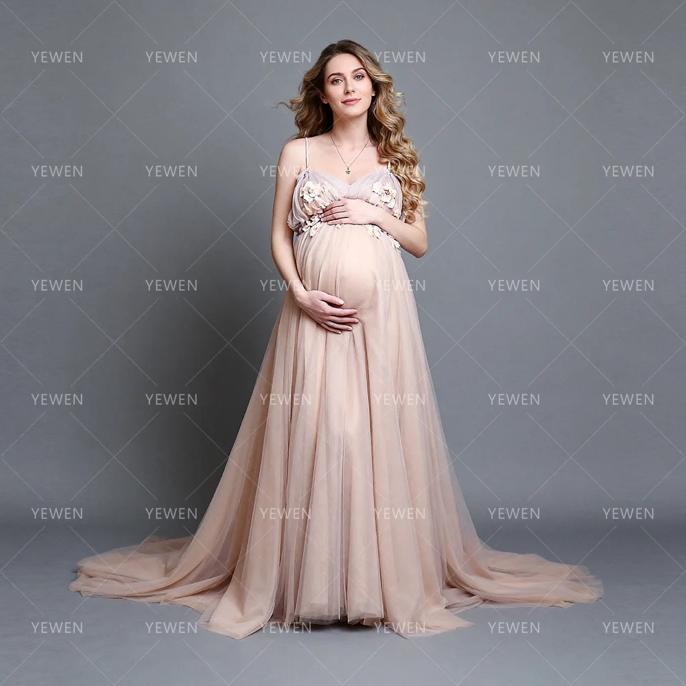 Maternity Dress Photoshoot Spaghetti Strap V-Neck 3D Floral Applique Dress for Pregnant Women Baby Shower Dress Woman YW6434D