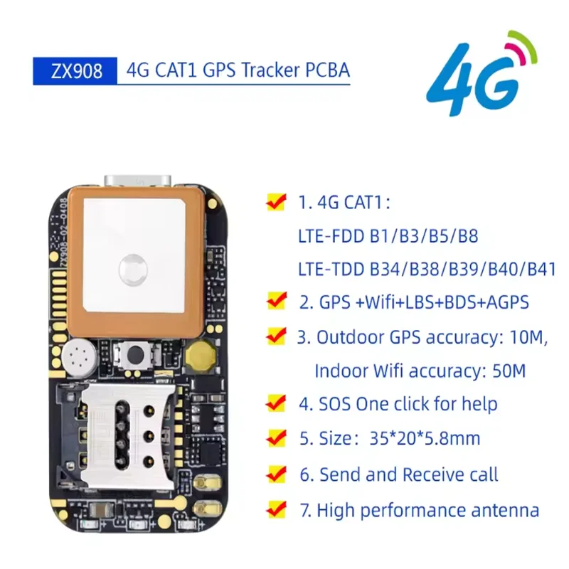 أصغر العالم LTE CAT-1 4G GPS تتبع رقاقة ZX908 GPS المقتفي PCB وحدة لتطوير تعقب GPS صغير 4G