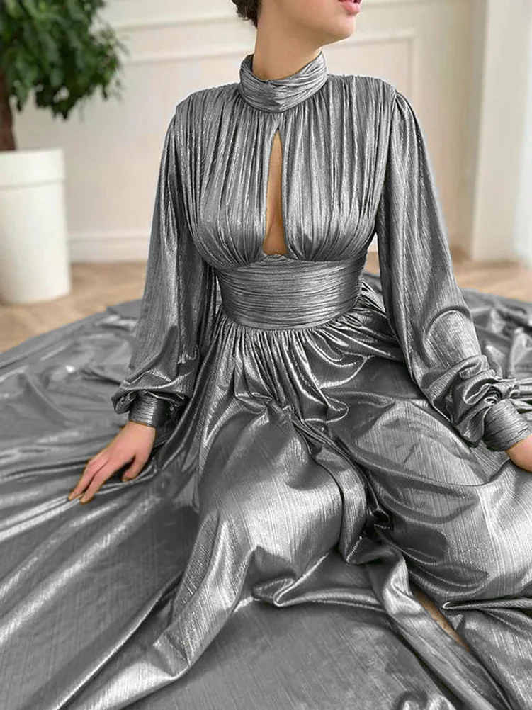 レディースイブニングパーティーナイトプロムドレス シャイニーカラー スタンドネック ホローアウト ロングランタンスリーブ プリーツ Aライン マキシドレス 女性用