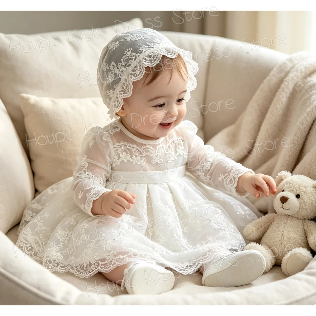 Custom White Lace Baby Christening Gown with Bonnet, Long Sleeve First Matching Communion Dress, Customizable Infant Baptism Out
