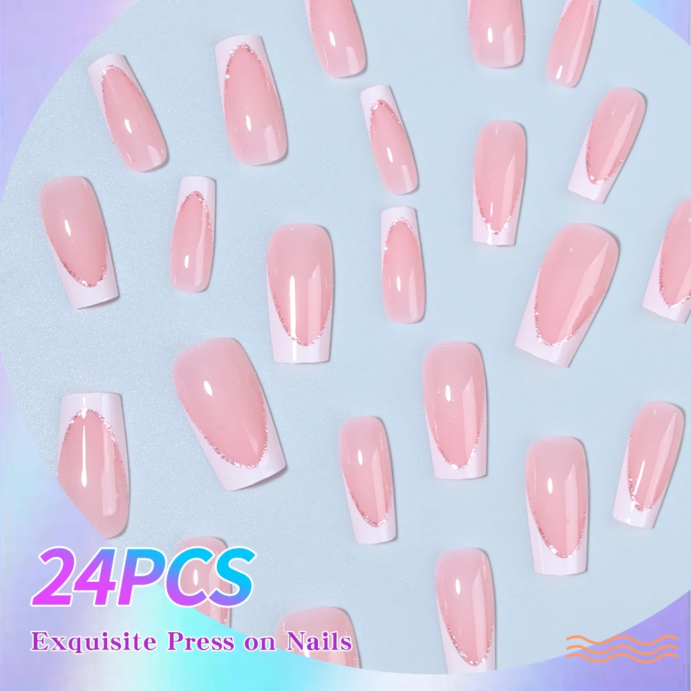24-teiliges weißes, quadratisches französisches Nagelspitzen-Set zum Aufdrücken von Nägeln, mittelgroß, glitzernd, perfekt passendes Design, Acryl-Kunstnägel-Set, enthalten 1 Quelle