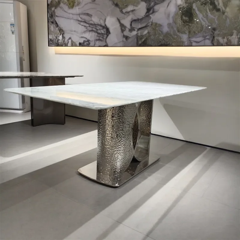 Luxury Rectangular Dining Table with Blue Crystal and Platinum Diamond Inlay Natural Stone Top Venetian Brown Finish Large