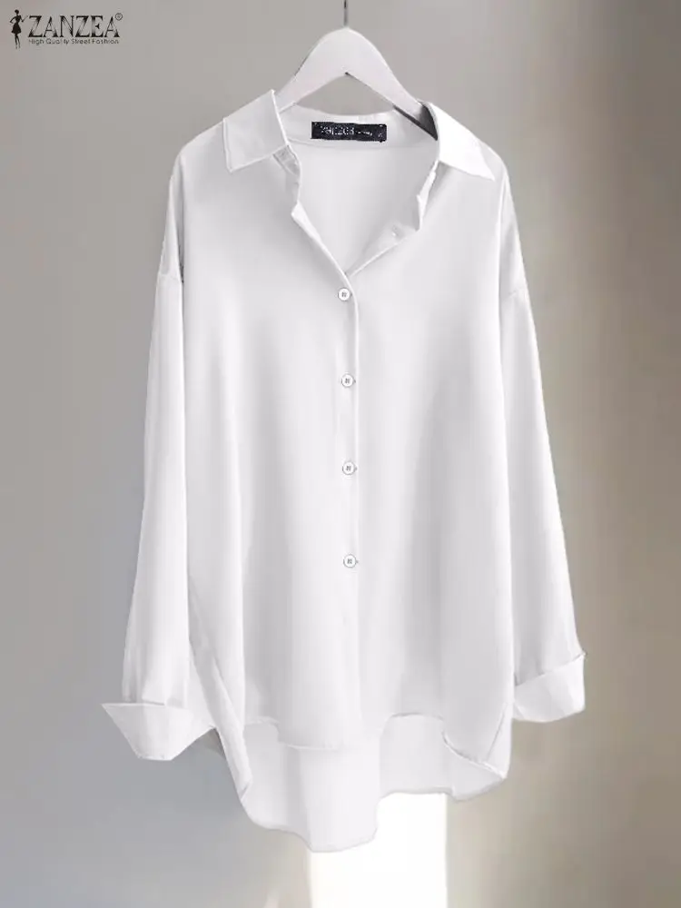 ZANZEA Women Fashion Shirts Elegant Asymmetric Hem Tops 2025 Autumn Vintage Solid Blusas Casual Loose Lapel Neck Buttons Tunics