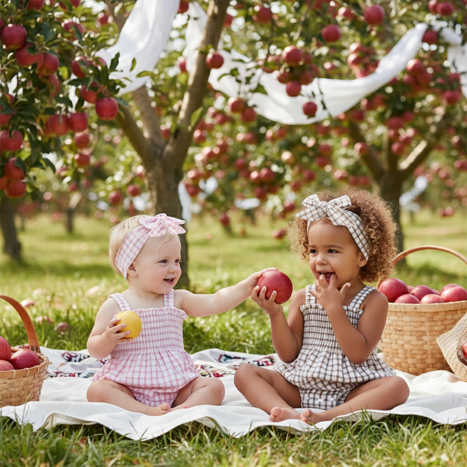 

0-18M Lovely Baby Girls Boys Romper Outfits Comfortable Sleeveless Square Neck Plaid Jumpsuits and Headband Set