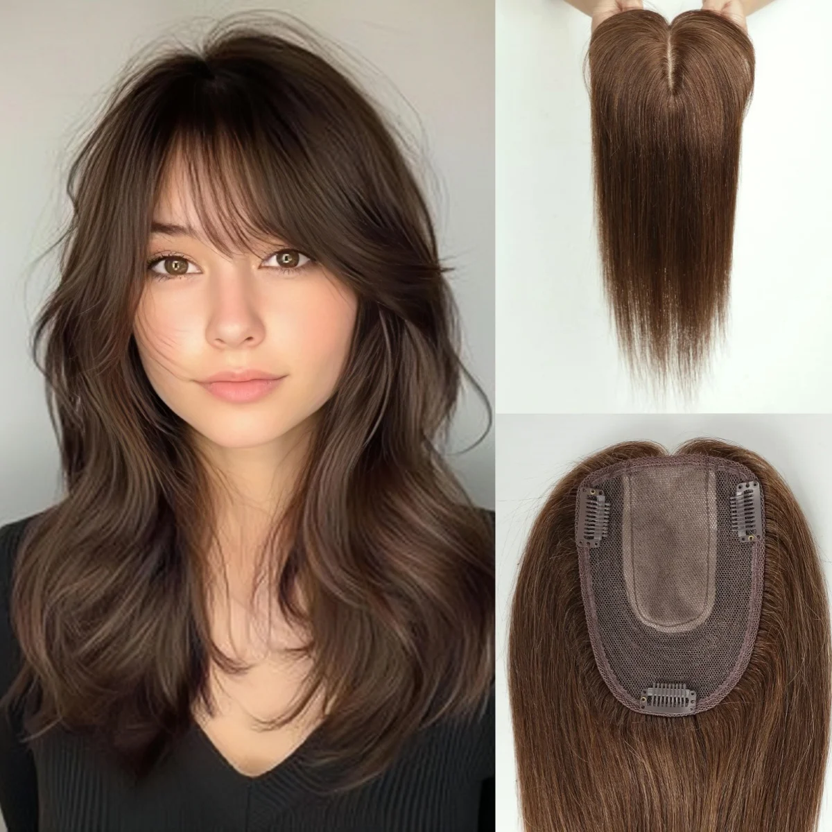 

14-дюймовая коричневая шелковая основа Remy, 100% топперы из натуральных волос, на клипсе, шиньон для женщин, натуральные прямые волосы для наращивания