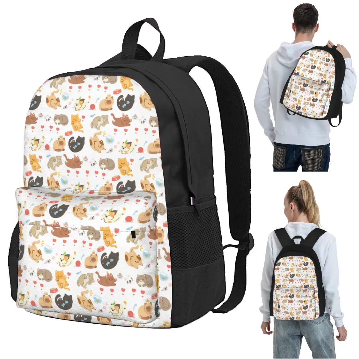 Cats With Mouse, Heart And Fish Backpack Student BookBag Kids School Bag Computer Shoulder Bags for Boys Girls