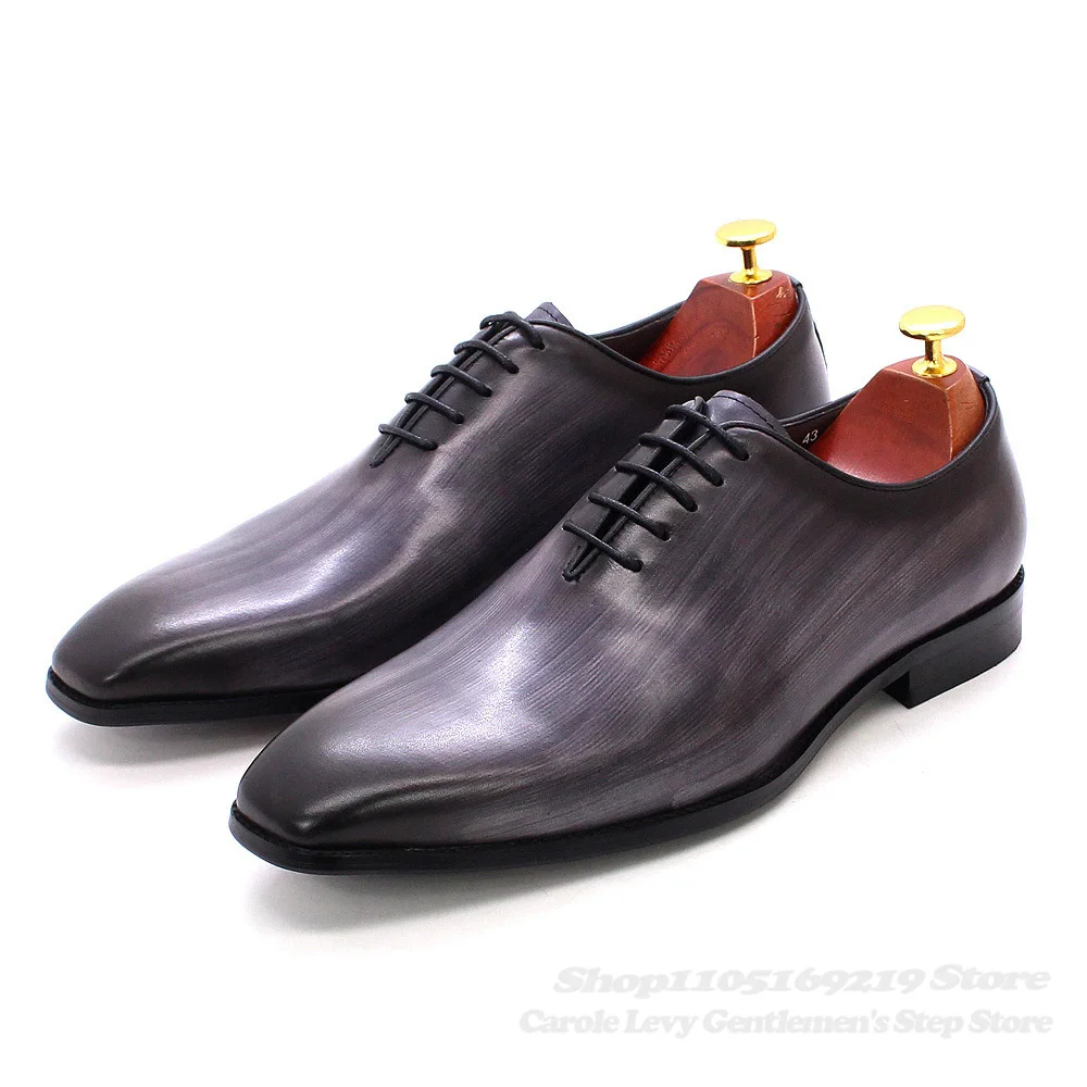 

Luxury Gray Handmade Leather Shoes Men Sqaure Toe British Style Lace Up Winter New Business Formal Banquet Party Dress Shoes
