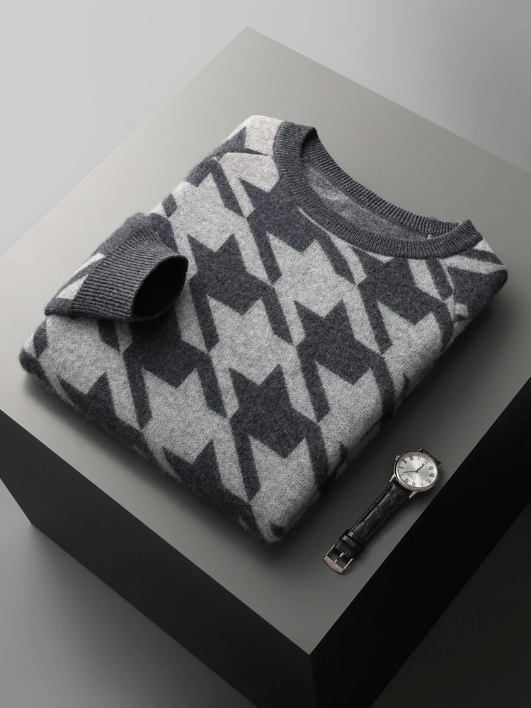 

TLOML Men 100%Merino Wool Knitwear O-neck Thousand Bird Grid Fashion Thick Jacquard Sweater Pullover Autumn Winter Comfy Sweater