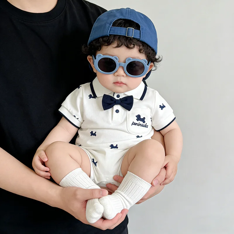 Cute Baby Boy Romper 0-2Years Newborn Infant Short Sleeve Turn Down Collar Bow Print Cotton Jumpsuit Outfits Summer Clothes
