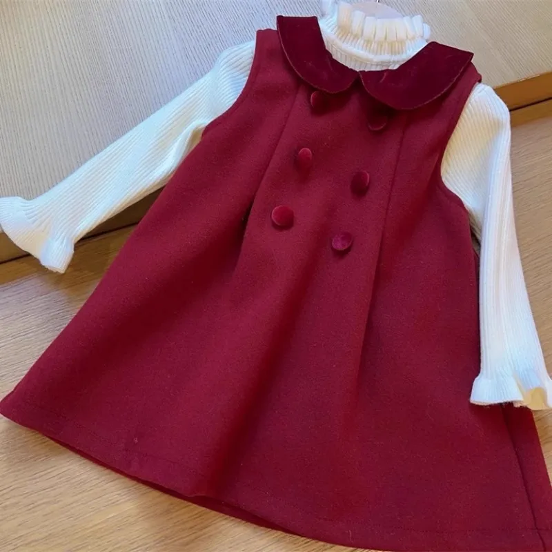 

TOY-Winter New Stylish Girl's Baby Temperament Thickened Red Vest Dress Versatile Sleeveless Dress Set