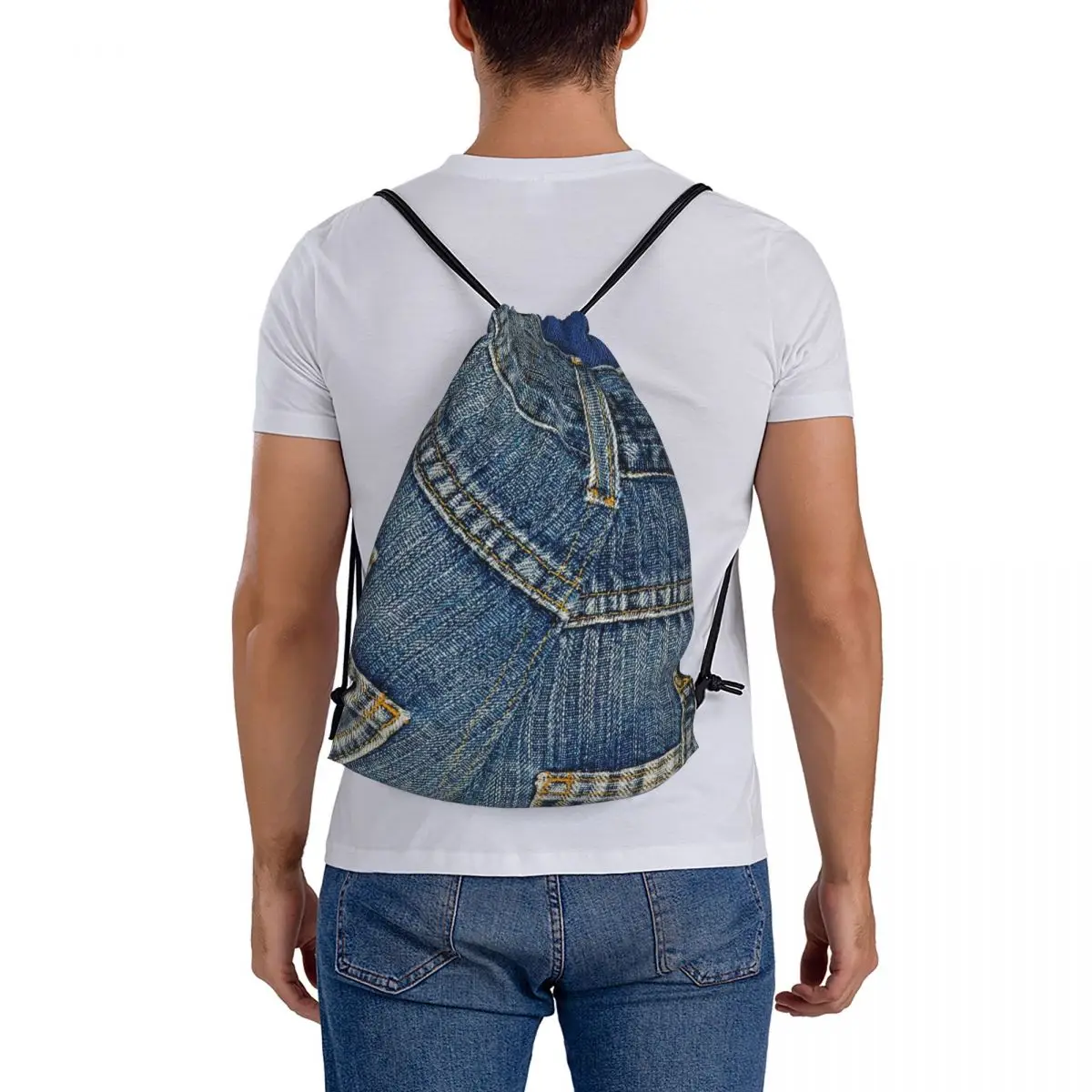 Mochila de mezclilla I Love Bluejeans para hombre y mujer, bolsa deportiva con cordón, portátil, a la moda, para estudiantes