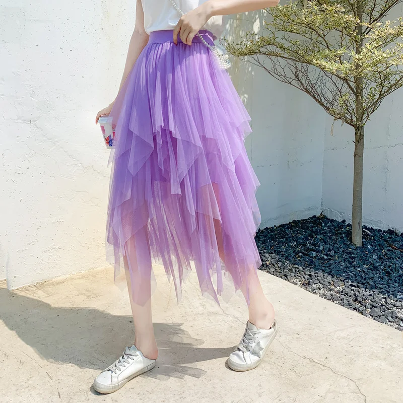 

Korean Irregular Mesh Long Skirts for Women Fairy Sweet Girlish High Waist Stretchy Skirt Students Ins Multi-color Юбка Женская