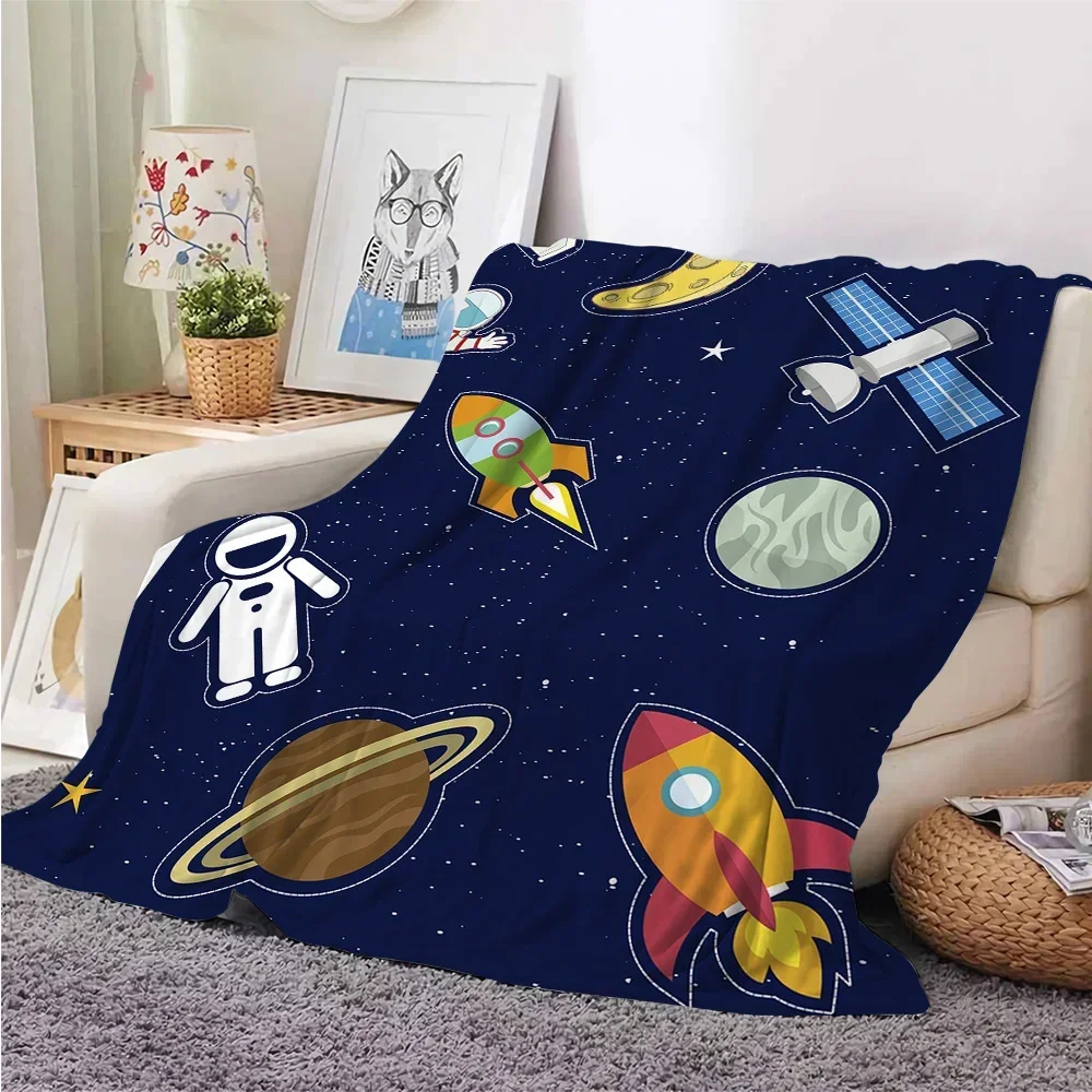 Children's Flannel Blanket Cartoon Astronaut Rocket 3D Printed Blanket Throw on Sofa Travel Couch Bed King Queen Size Super Soft