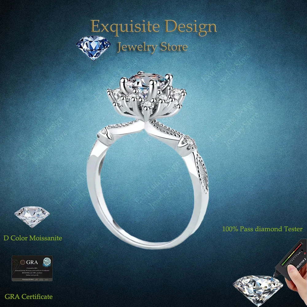 

Exquisite Design Peony Flower 0.5/1CT Moissanite Engagement Ring Jewelry 18K White Gold Romantic Gift To Her Resizable