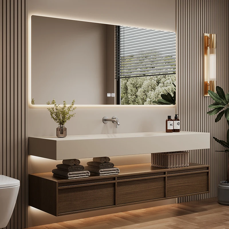 Sets Solid Wood Bathroom Cabinet Rock Slab Seamless Integrated Basin Antique Bathroom Hand Wash Washbasin Bathroom Furniture