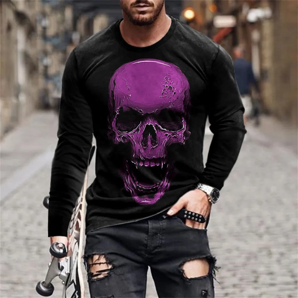 O-Neck Long Sleeve Plus Size T-shirt Men\'s Clothing Retro Men\'s Long Sleeve T-shirt 3D Printing Skull Long T-shirt Men\'s Street